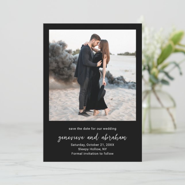 Clean Black Photo Modern Wedding Save The Date (Standing Front)