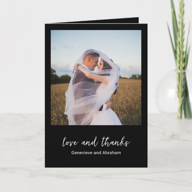Clean Black Photo Modern Wedding Thank You Card (Front)