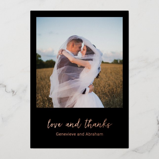 Clean Black Photo Modern Wedding Thank You Card (Front)