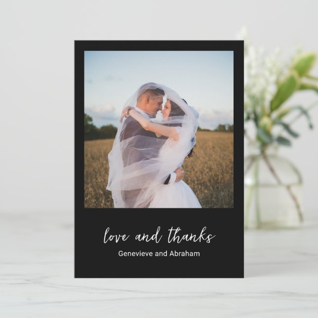 Clean Black Photo Modern Wedding Thank You Card (Standing Front)