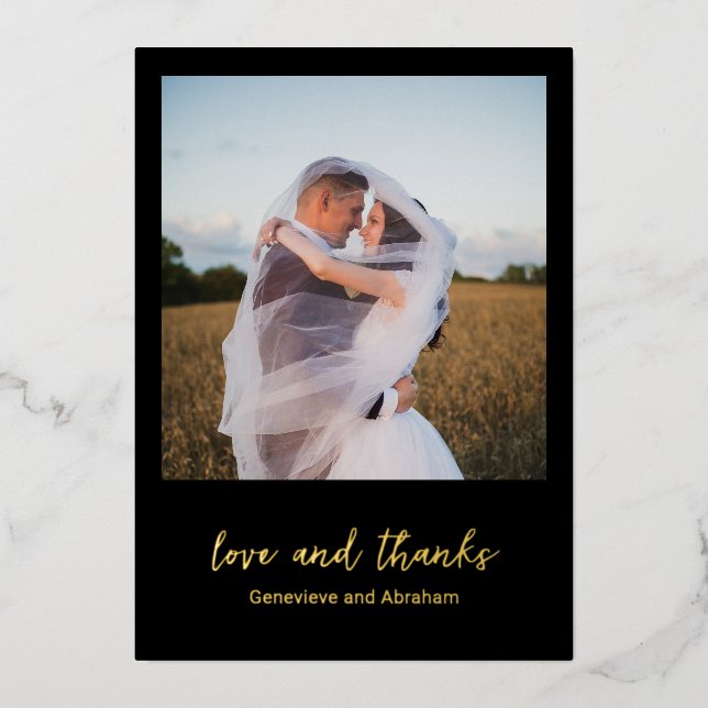 Clean Black Photo Modern Wedding Thank You Card (Front)