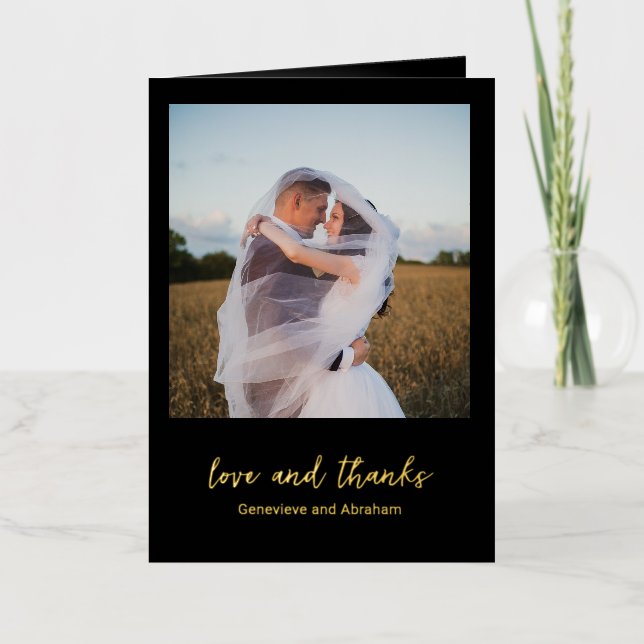 Clean Black Photo Modern Wedding Thank You Foil Greeting Card (Front)