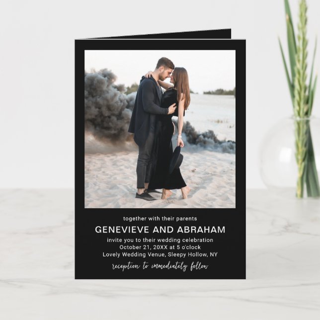 Clean Black Photo QR Code Modern Wedding Invitation (Front)