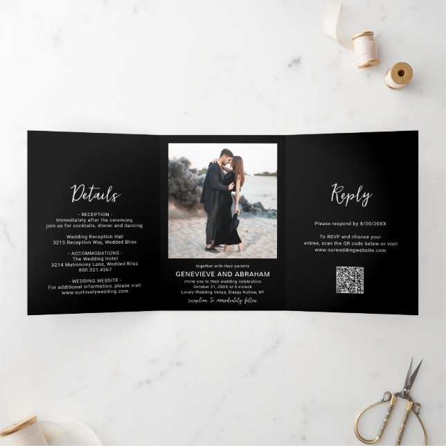Clean Black Photo QR Code Modern Wedding Tri-Fold Invitation (Inside)