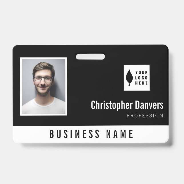 Clean Black White Add Your Logo Office Employee Badge (Front)