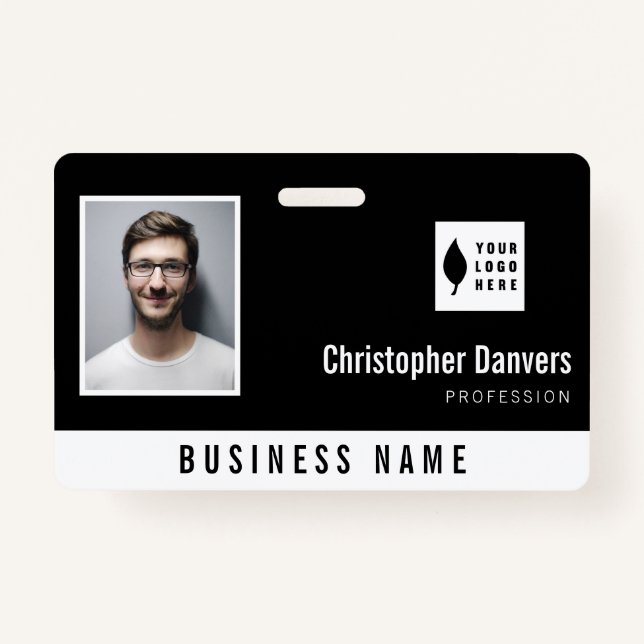 Clean Black White Add Your Logo Office Employee Badge (Front)