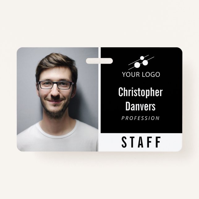 Clean Black White Employee ID Add Your Logo Badge (Front)