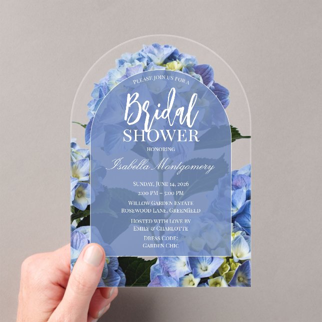 Clean Blue Hydrangea Floral Bridal Shower Acrylic Invitations (Insitu (Handheld))