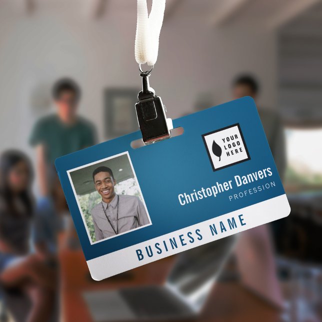 Clean Blue White Add Your Logo Office Employee Badge (Creator Uploaded)