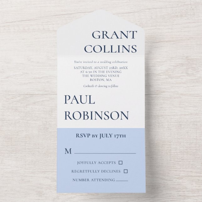 Clean Blue White Minimalist Wedding All In One Invitation (Inside)