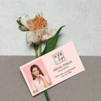 Clean Blush Pink Logo & Personal Photo Business Card by birchandoak at Zazzle