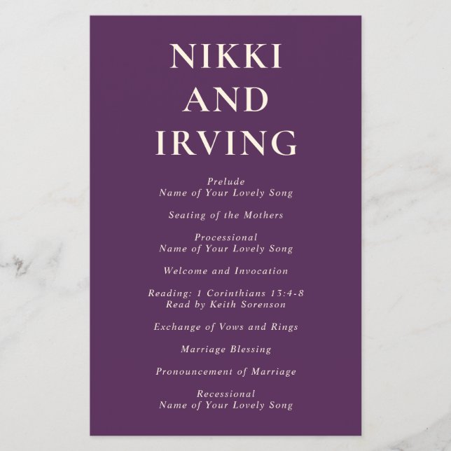 Clean Bold Fonts Purple Budget Wedding Program Flyer (Front)
