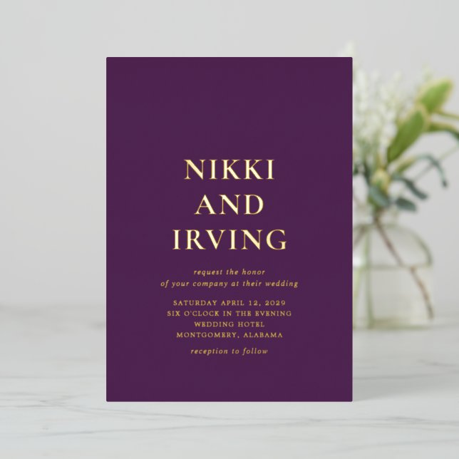 Clean Bold Fonts Purple Modern Wedding Foil Invitation (Standing Front)