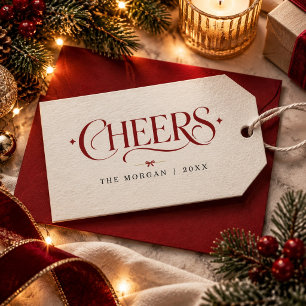 Clean Burgundy Serif Cheers Christmas Gift Tag