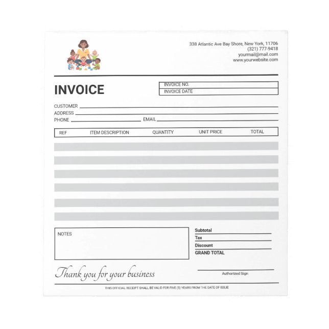 Clean Daycare Invoice / Receipt  Notepad (Front)