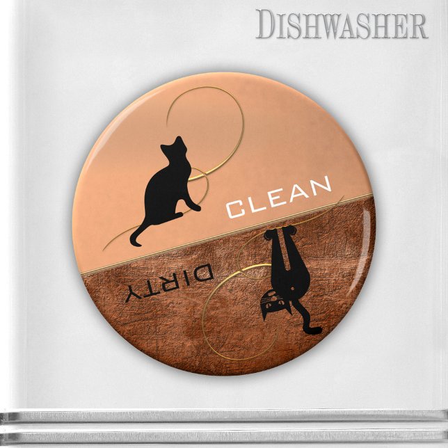 Clean Dirty Cute Kitty Dishwasher Magnet (Clean-dirty dishwasher magnet in rose gold metallic style with terra cotta and cute kitty silhouette)