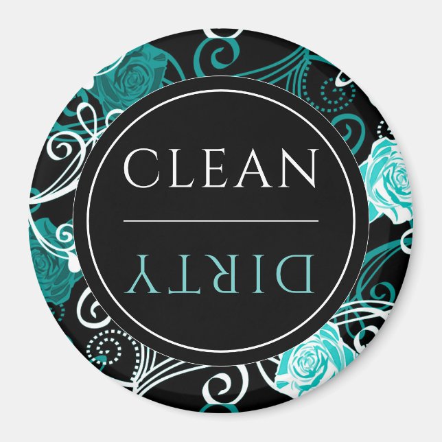 Clean/Dirty Dishwasher | Black White & Teal Round Magnet (Front)