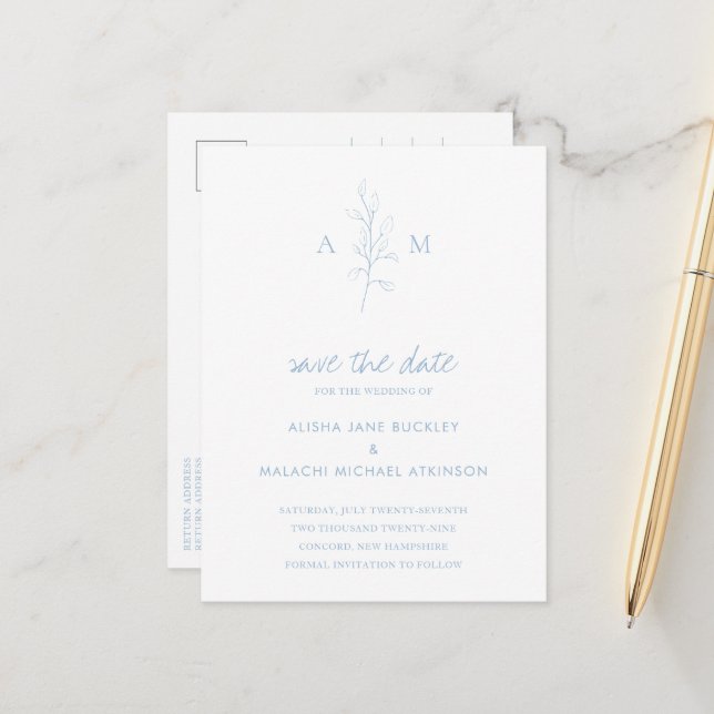 Clean Dusty Blue Botanical Wedding Save the Date Announcement Postcard (Front/Back In Situ)
