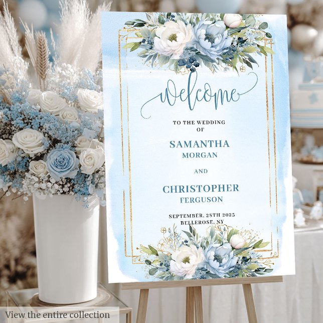 Clean Dusty Blue Floral Gold Wedding Welcome Sign (Clean Dusty Blue Floral Gold Wedding Welcome Poster)
