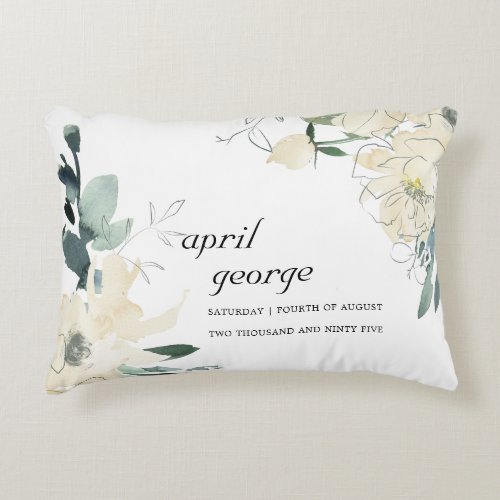 CLEAN ELEGANT IVORY WHITE GREEN FLORAL WATECOLOR ACCENT PILLOW
