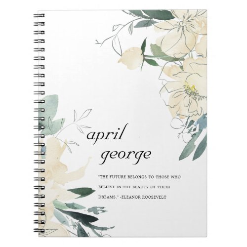 CLEAN ELEGANT IVORY WHITE GREEN FLORAL WATECOLOR NOTEBOOK