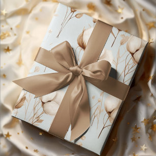 Clean Elegant Light Blue & Cream Cotton Flowers Wrapping Paper Sheets