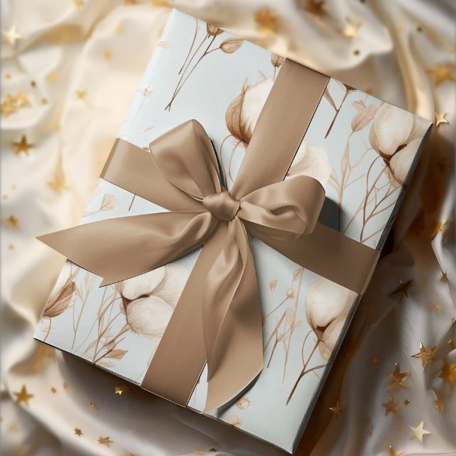 Clean Elegant Light Blue & Cream Cotton Flowers Wrapping Paper Sheets (Creator Uploaded)