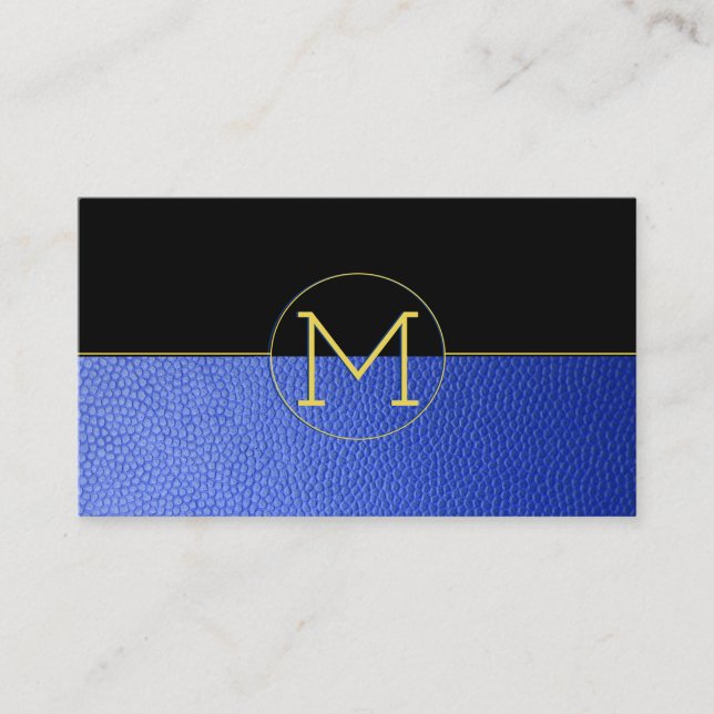 Clean Elegant Monogram Blue Faux Leather & Black Business Card (Front)