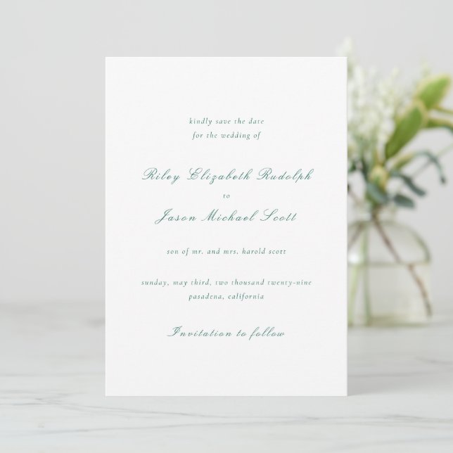 Clean Emerald Green Elegant Wedding Save The Date (Standing Front)