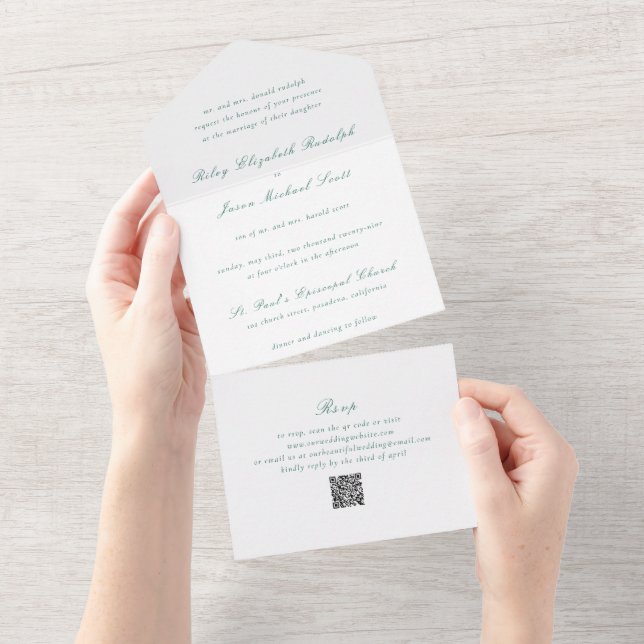 Clean Emerald Green QR Code Elegant Wedding All In One Invitation (Tearaway)