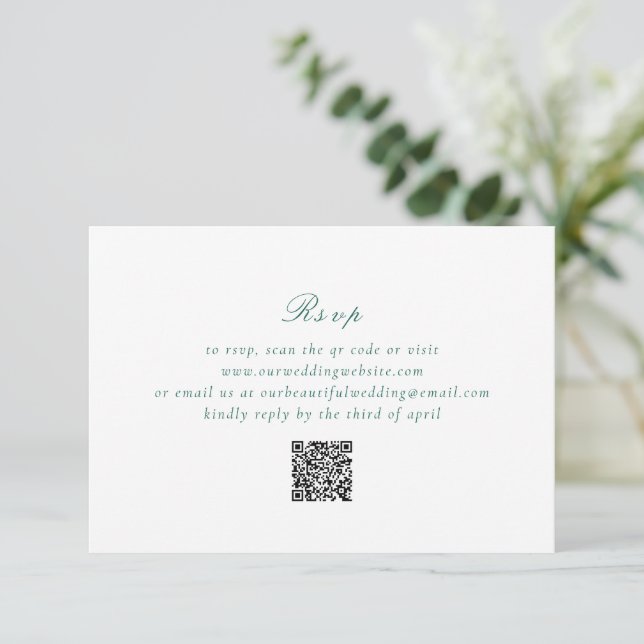 Clean Emerald Green QR Code Elegant Wedding RSVP Card (Standing Front)