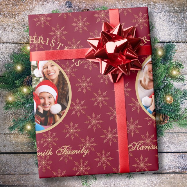 Clean Forest Burgundy Gold Snowflakes Christmas Wrapping Paper (Creator Uploaded)