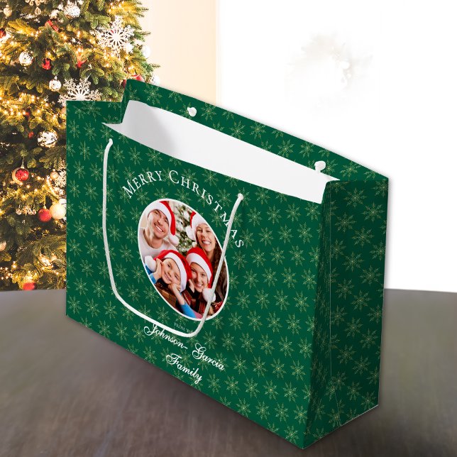 Clean Forest Green Snowflakes Christmas Large Gift Bag (Creator Uploaded)