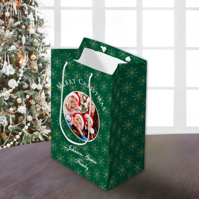 Clean Forest Green Snowflakes Christmas Medium Gift Bag (Creator Uploaded)