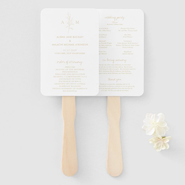 Clean Gold Botanical Elegant Wedding Program Hand Fan (Front and Back)