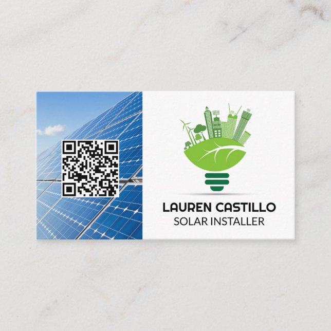 Clean Green Energy Logo | Solar Panels | QR Business Card (Front)