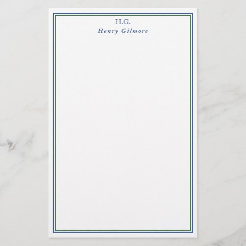 Clean Green Navy Blue Monogrammed Stationery