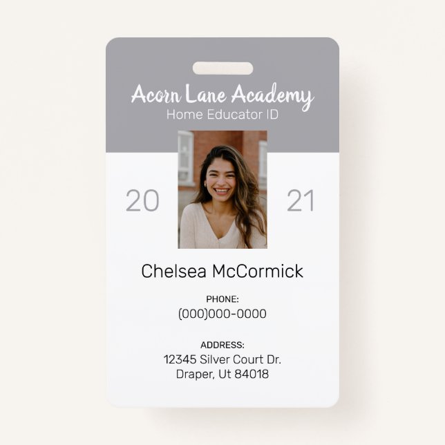 Clean Grey Homeschool Educator ID Badge (Front)