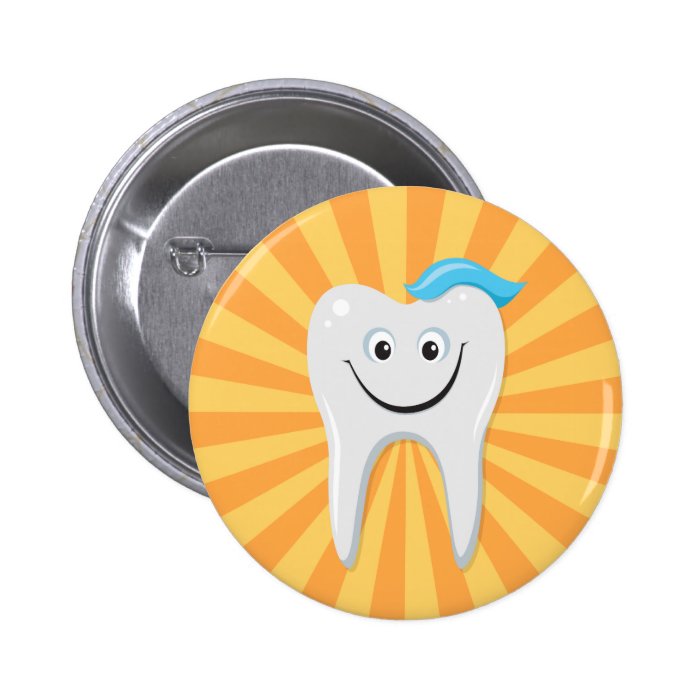 Clean happy cartoon tooth with tooth paste pinback buttons