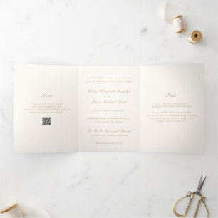 Clean Ivory and Gold QR Code Elegant Wedding Tri-Fold Invitation