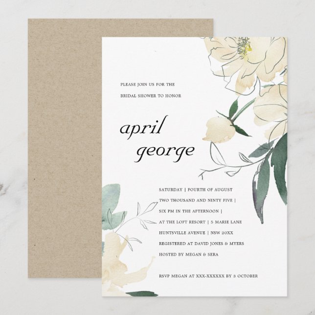 CLEAN IVORY GREEN FLORAL BRIDAL SHOWER INVITE (Front/Back)