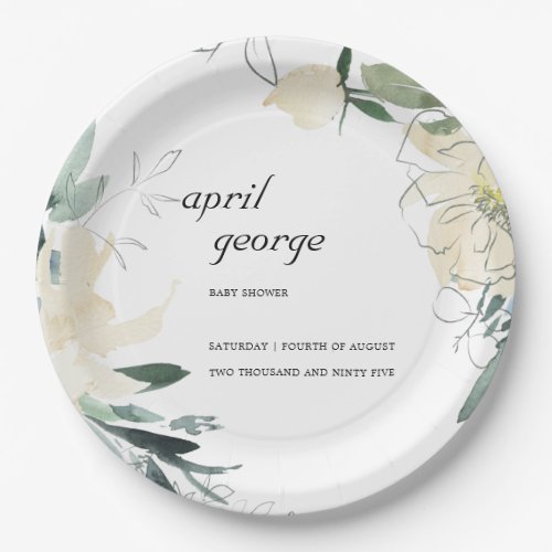 CLEAN IVORY GREEN FLORAL WATECOLOR BABY SHOWER PAPER PLATES