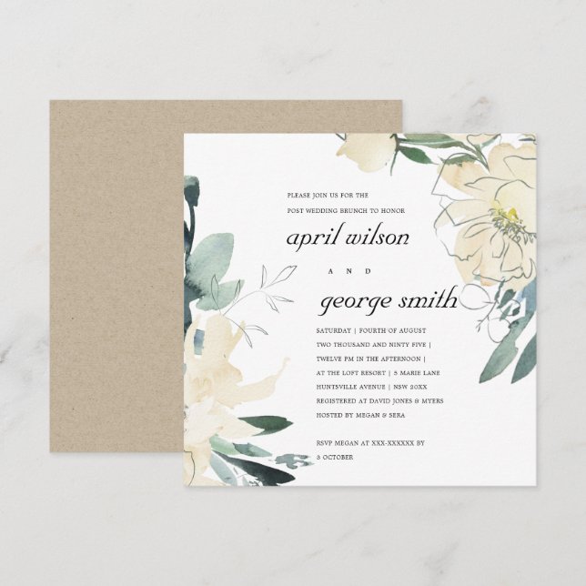 CLEAN IVORY WHITE FLORA POST WEDDING BRUNCH INVITE (Front/Back)
