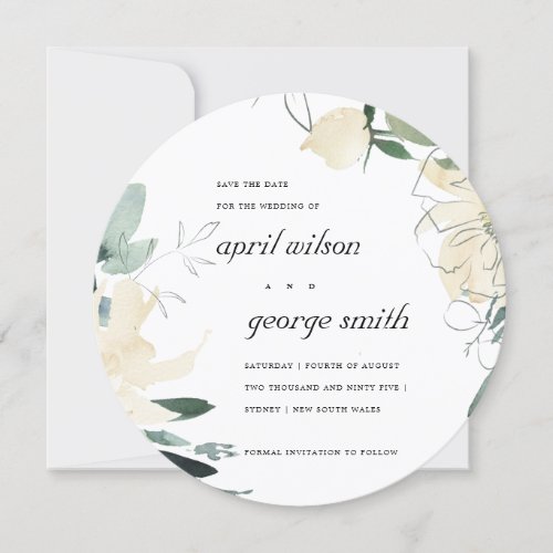 CLEAN IVORY WHITE GREEN FLORAL SAVE THE DATE CARD