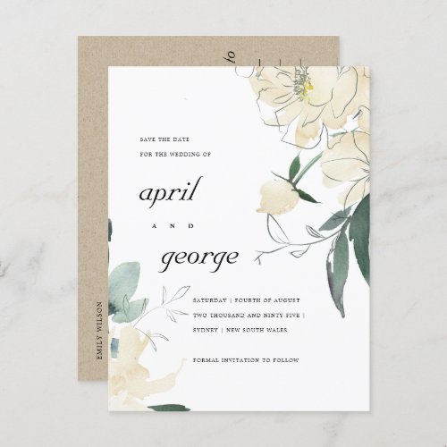 CLEAN IVORY WHITE GREEN FLORAL SAVE THE DATE CARD