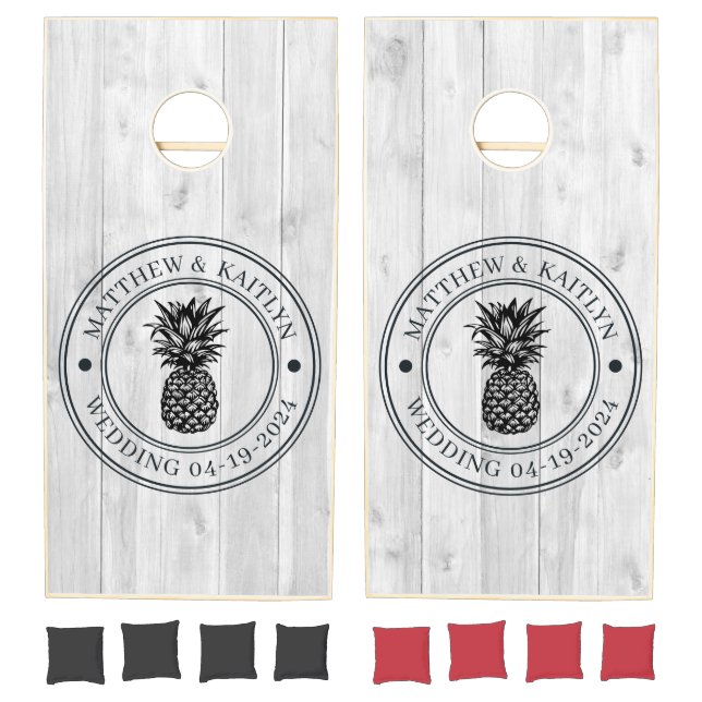 Clean Light Gray Pineapple Wedding Crest & Names Cornhole Set (Set)