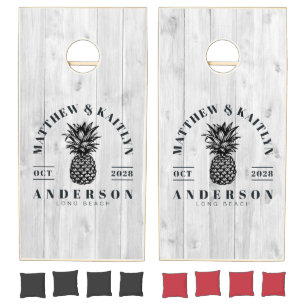 Clean Light Gray Tropical Pineapple Wedding Crest Cornhole Set