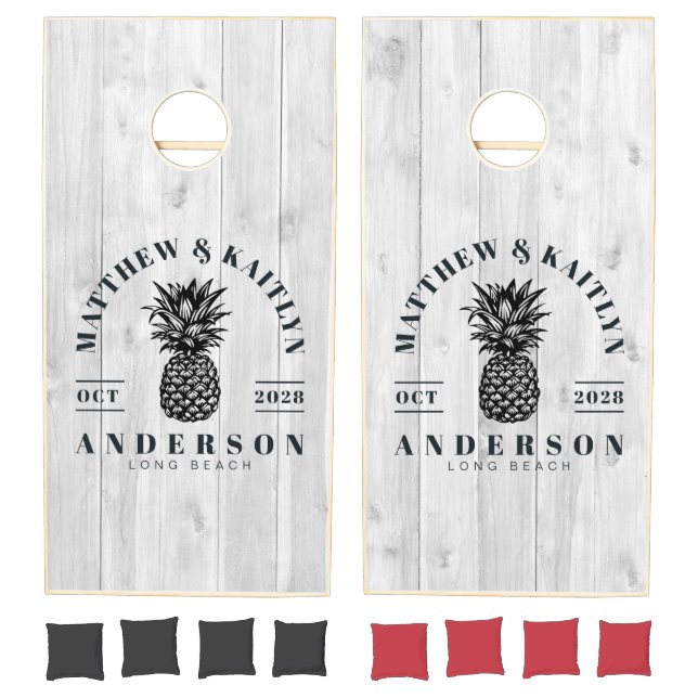 Clean Light Gray Tropical Pineapple Wedding Crest Cornhole Set (Set)