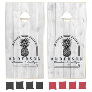 Clean Light Gray Wood Pineapple Wedding Arch &Name Cornhole Set