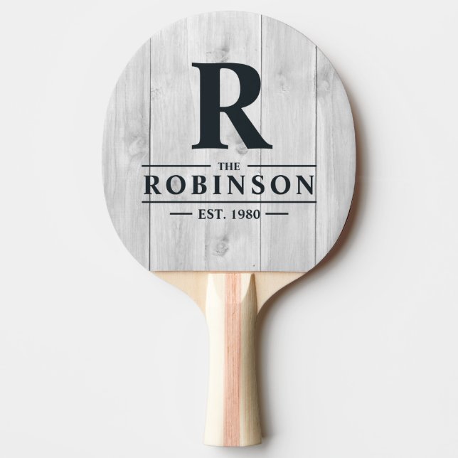 Clean Light Gray Wooden Family Name & Initial Ping Pong Paddle (Front)